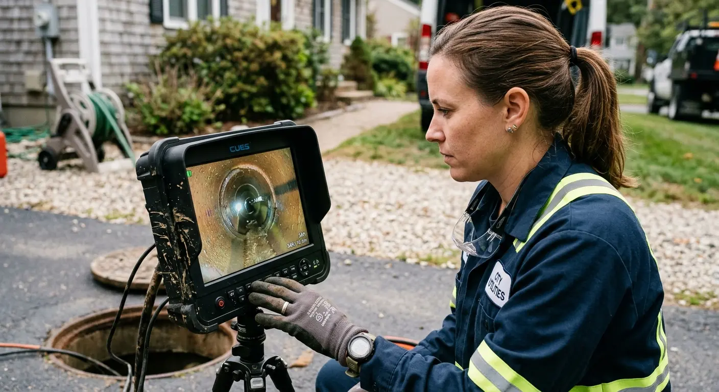 Technician reviewing sewer camera inspection footage in Raceland