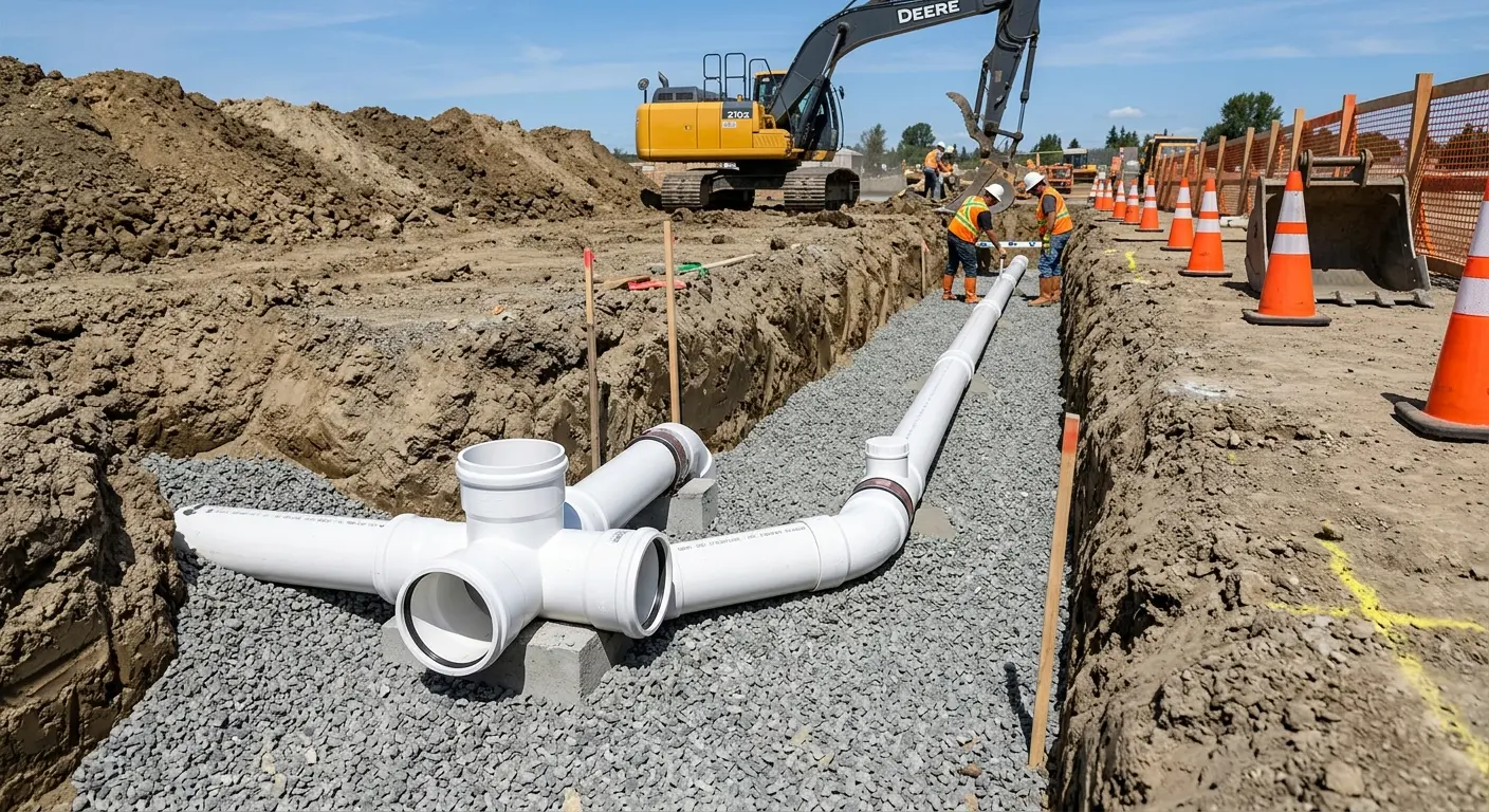 New PVC sewer pipe installation in open trench for Sewer Backup in Raceland
