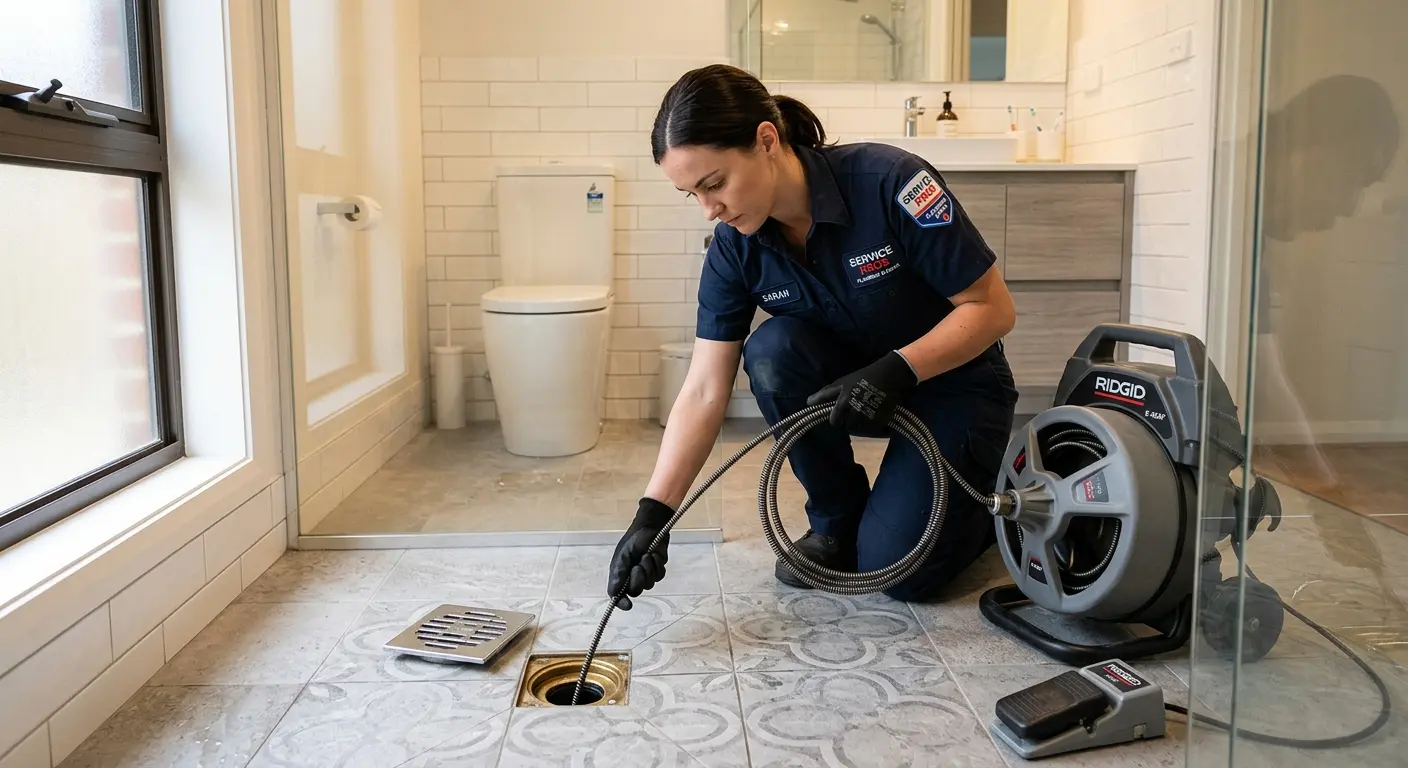 Technician clearing a bathroom floor drain for Drain Cleaning in Raceland